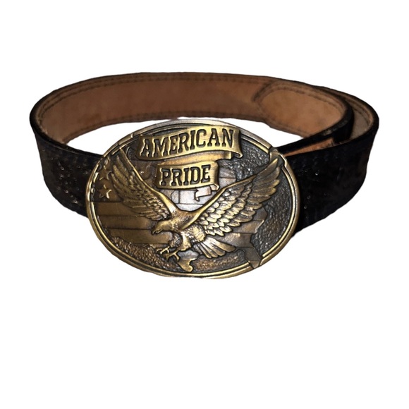 NOCONA black leather belt with American Pride Eagle buckle size 28 - Picture 2 of 5